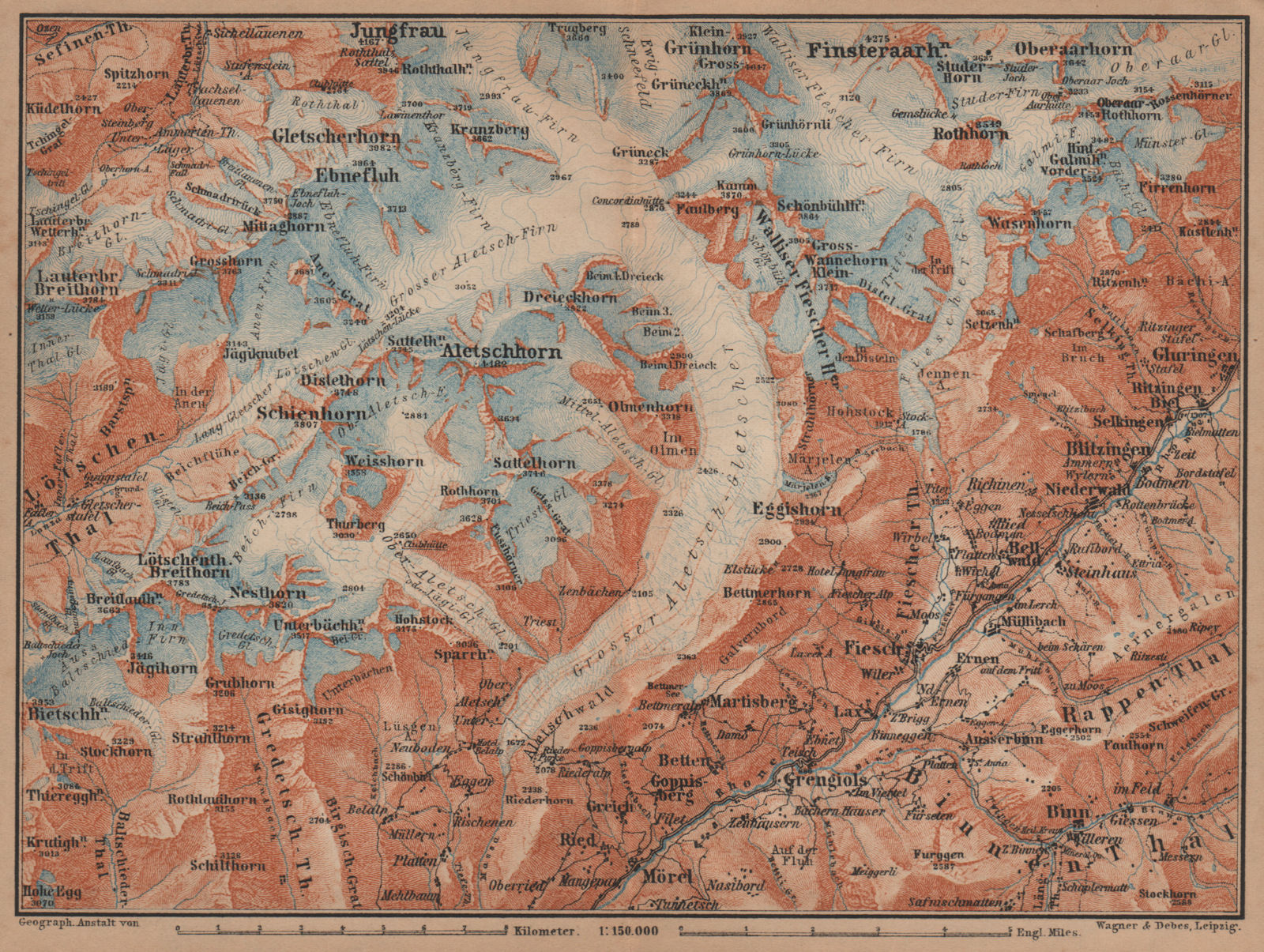 ALETSCHHORN DISTRICT. Fiesch Mörel Jungfrau Nesthorn Grengiols 1905 old map